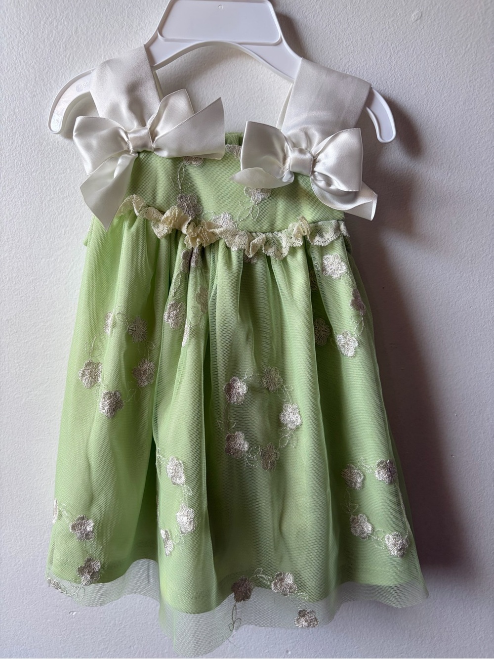 Bonnie Baby Light Green Floral Tulle Dress with Ivory Satin Bows